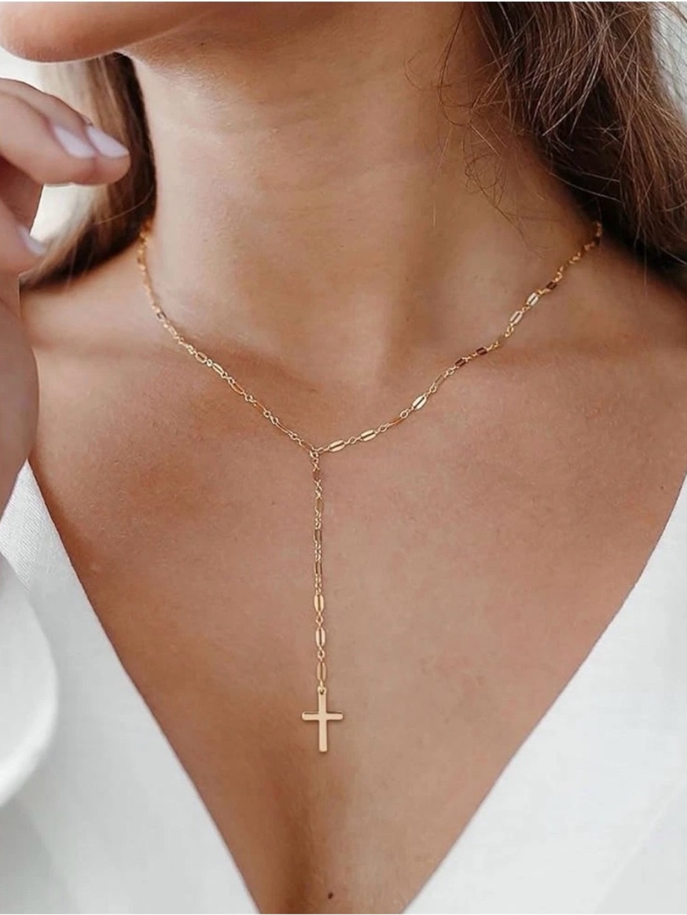 18K Gold Plated dainty Cross Lariat Necklace Stainless Steel Womens Jewelry - Picture 3 of 10